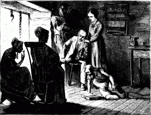 Chapman reading a religious tract to a frontier family. Illustration from the 1871 Harper's essay.