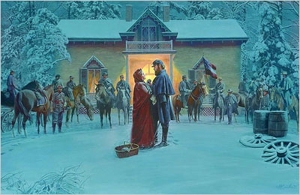 Popular Civil War Artist Mort Kunstler depicts a farewell scene with his beloved wife, in front of the Winchester home that served as his headquarters.